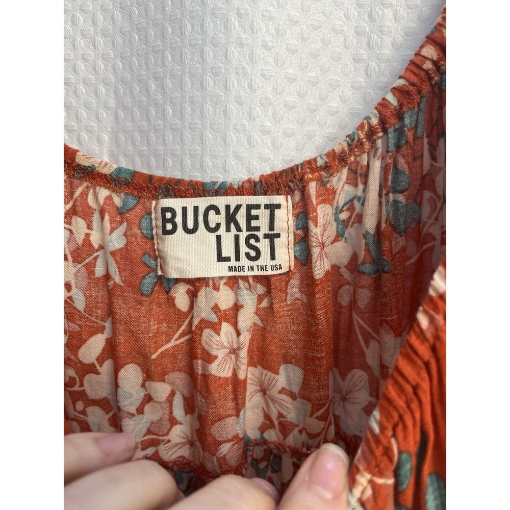 Bucket List Boho Floral Mini Dress Rust Orange Puff Sleeve Tiered Medium USA - Picture 4 of 6